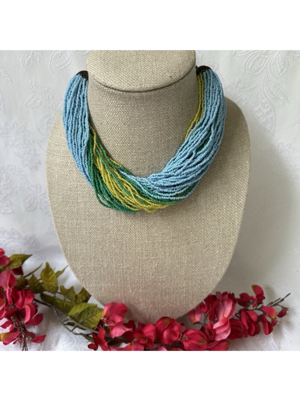 Nordstrom Sequin NYC Blue Green Yellow Seed Bead MultiStrand Necklace Vintage